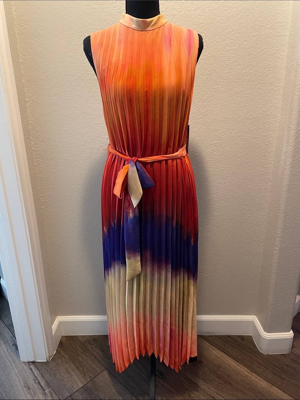 Tahari Ombre Pleated Sleeveless Midi Dress in Orange, Purple, Cream